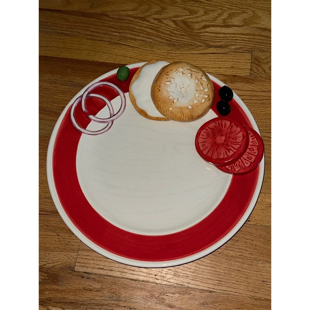 LOTUS Home Trends ETC‎ Appetizer Plate Bagel Olive Tomato Onion Red Trimmed 2006